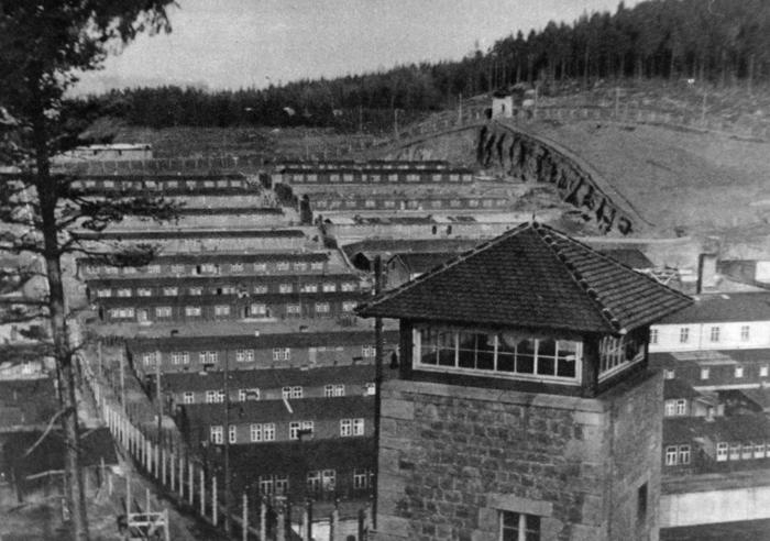 Wachturm und Baracken des Konzentrationslagers Flossenbürg