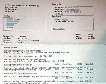 Zahlungsbescheid der International Organization for Migration (IOM) über die erste Entschädigungsrate, 2002.