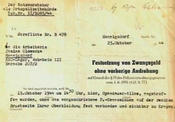 Pokutový lístek pro Janinu Halinu G., na základě kterého musela zaplatit pokutu ve výši 50 RM za „nedodržení policejního nařízení z 8. března 1940“.
